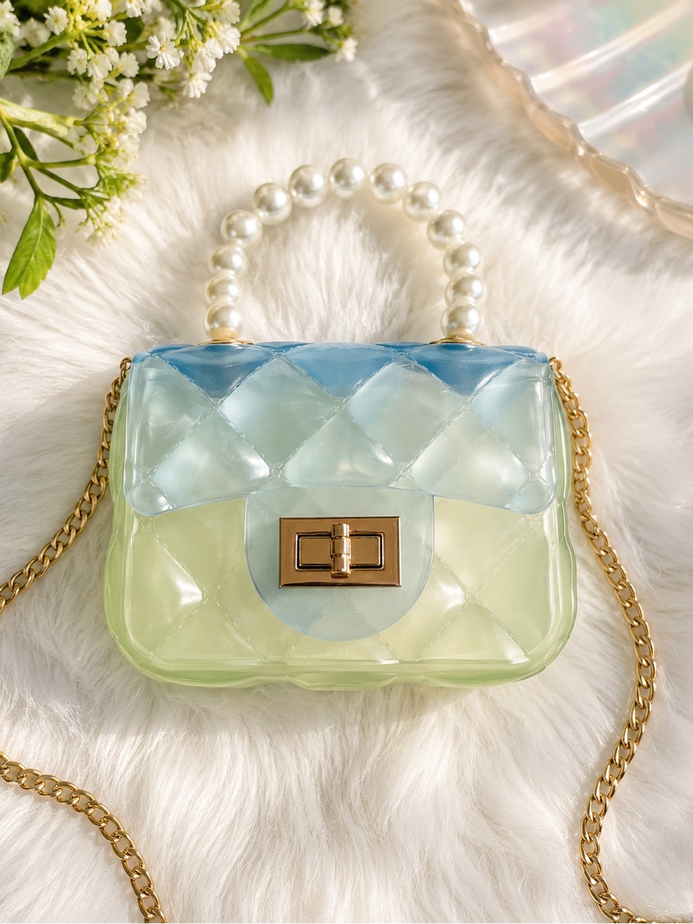 Pearlescent Jelly Mini Bag Blue Green Pearl Handle Y2K Crossbody